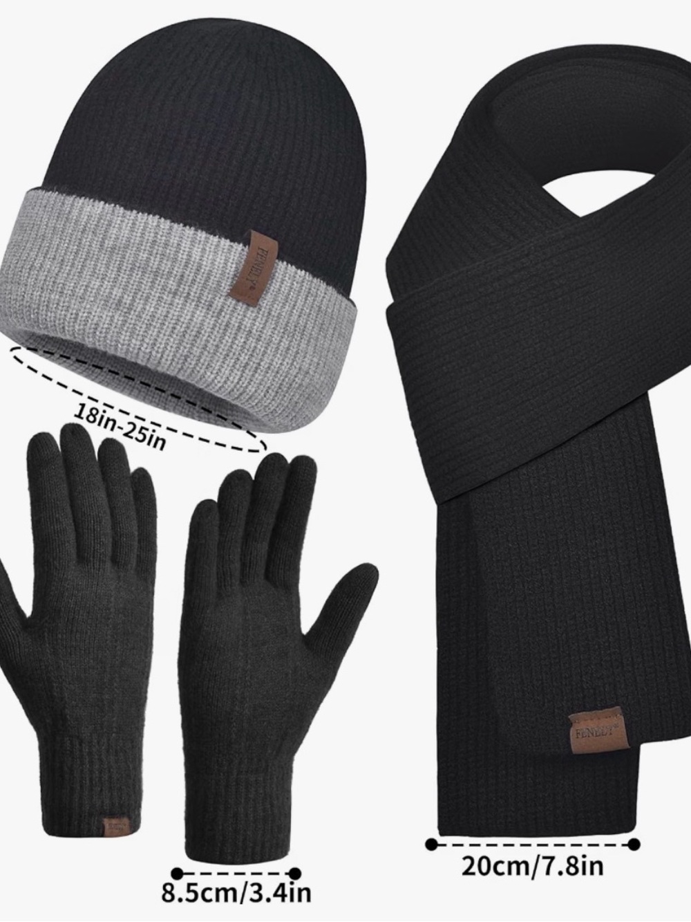 Women’s Black & Gray Knit Beanie, Scarf and Gloves Set